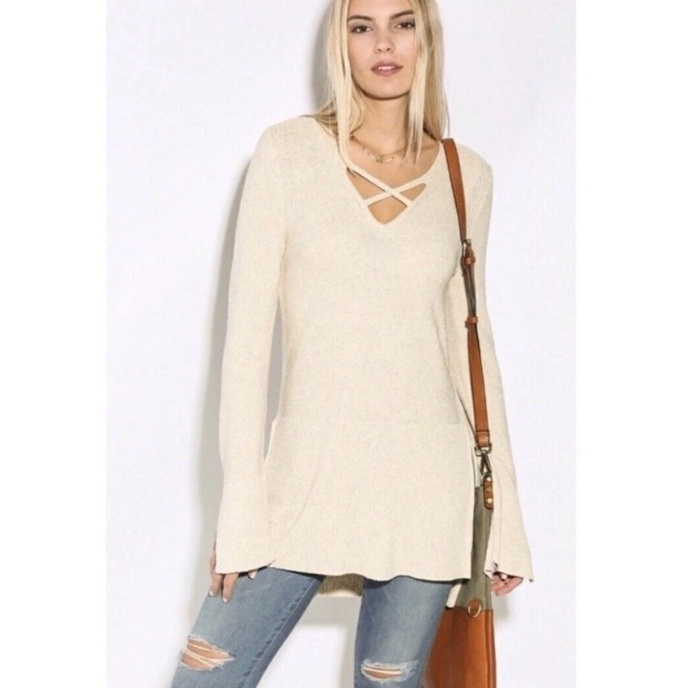 Free People Criss Cross Tunic Sweater Cream Small Split Bell Sleeve